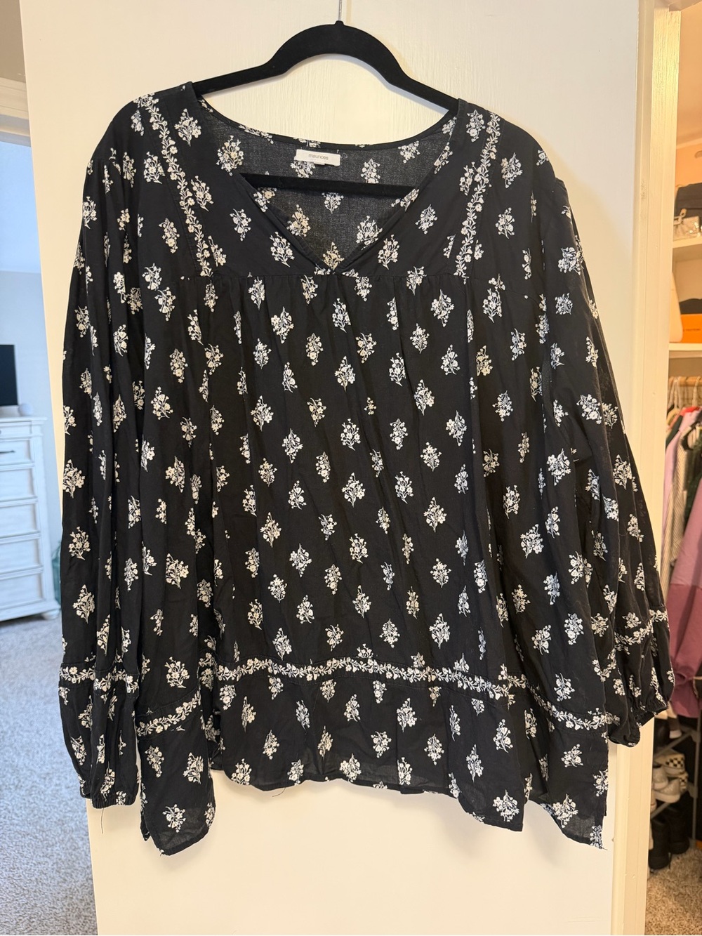 Black Floral Print Women's Blouse